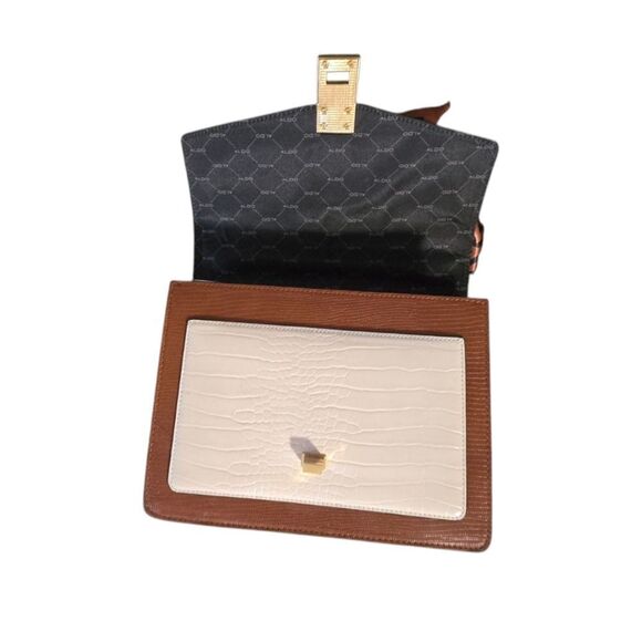 Top Handle Satchel Purse Black Brown White Faux Croc Leather Gold Chain Classic - Picture 2 of 8